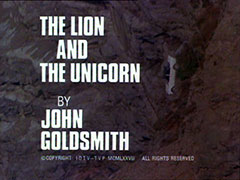 title card: white all caps text reading ‘THE LION AND THE UNICORN BY JOHN GOLDSMITH’ superimposed on a white car plummeting off a cliff