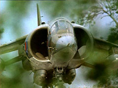 A view through the trees of a Harrier Jumpjet preparing for take-off
