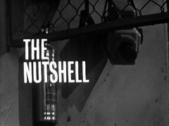 title card: white all caps text reading ‘THE NUTSHELL’ superimposed on a security camera fixed to a wall, turned nearly towards us