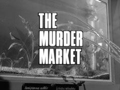title card: white all caps text reading ‘THE MURDER MARKET’ outlined in black and superimposed on the fish tank which has three bullet holes in the glass out of which water is bursting
