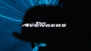 Opening titles: The Avengers superimposed on a pixelated bowler hat silhouette with lighning strikes coming from behind it