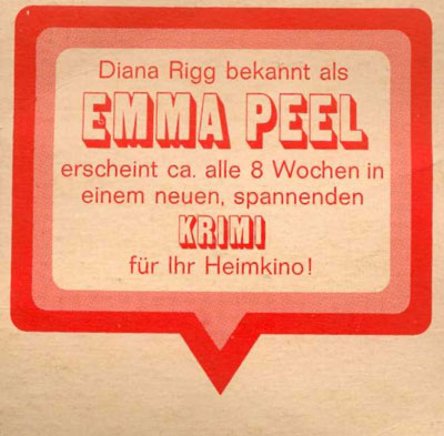Inside of box lid: ‘Diana Rigg bekannt als Emma Peel ercheint ca. alle 8 Wochen in einem neuen, spannenden KRIMI für Ihr Heimkino!’