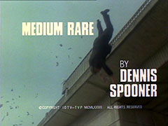 title card: white all caps text reading ‘MEDIUM RARE BY DENNIS SPOONER’ superimposed on Freddy falling head first from a bridge