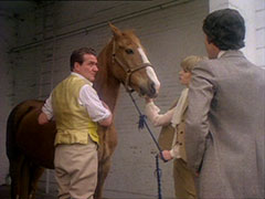 Steed grooms his horse as he looks over his shoulder and speaks to Gambit and Purdey