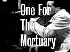 title card: One For The Mortuary superimposed on Steed holding Wilson, who has just been stabbed by Benson
