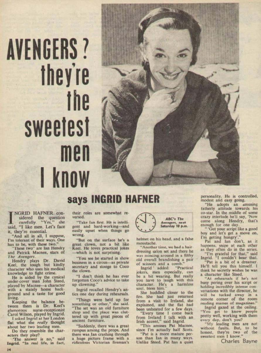 Clipping of <em>TV Times</em> article : Avengers? they’re the sweetest men I know, says Ingrid Hafner