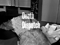title card: white text reading 'Death Dispatch' superimposed on Baxter's body in his dressing gown lying on the floor, diagonally across screen, head near the French doors