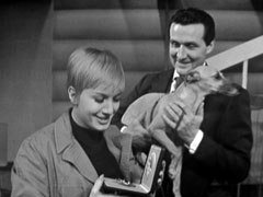 Steed, holding his Whippet, Sheba, gives Venus a new brooch