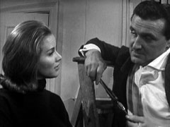 Steed leans on a ladder as he and Cathy reflect on the case