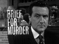 title card: white all caps text reading ‘BRIEF FOR MURDER’ superimposed on a close-up of Steed in the pub, looking thoughtful