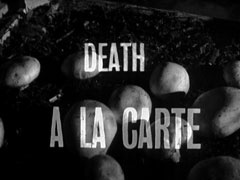 title card: white all caps text reading ‘DEATH A LA CARTE’ superimposed on a close-up of mushrooms growing in a box of soil
