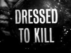 title card: white all caps text reading ‘DRESSED TO KILL’ superimposed on a close-up of Christmas decorations - a bauble and some tinsel