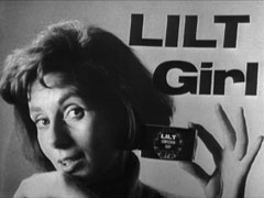 advertising sample - LILT GIRL in bold black text at top right, Fay in close up bottom left, holding a bar of Lilt complexion soap in her left hand, beneath the branding