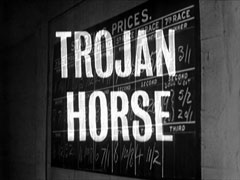 title card: white all caps text reading ‘TROJAN HORSE’ superimposed on a blackboard showing starting prices for seven horse races