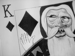 Surreal image of a playing card turning into the scary masked Santa figure