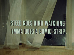 subtitle card: white all caps text with black dropshadow to the left reading 'STEED GOES BIRD WATCHING
					EMMA DOES A COMIC STRIP..' superimposed on a thin white curtain blowing in the wind coming through the large broken window behind it