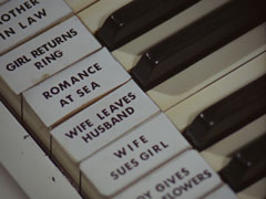A close-up of the piano keyboard used to programme the computer to generate new romance novels, the keys are labelled: MOTHER IN LAW, GIRL RETURNS RING, ROMANCE AT SEA, WIFE LEAVES HUSBAND, WIFE SUES GIRL, BOY GIVES GIRL FLOWERS