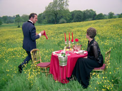 Tara and Steed prepare to have lunch at a table in the middle of a field - he wears a tuxedo, she wears a black sequined blouse