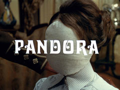 title card: white all caps Edwardian ornate font reading ‘PANDORA’ superimposed on a close-up of the faceless mannequin dressed as Pandora
